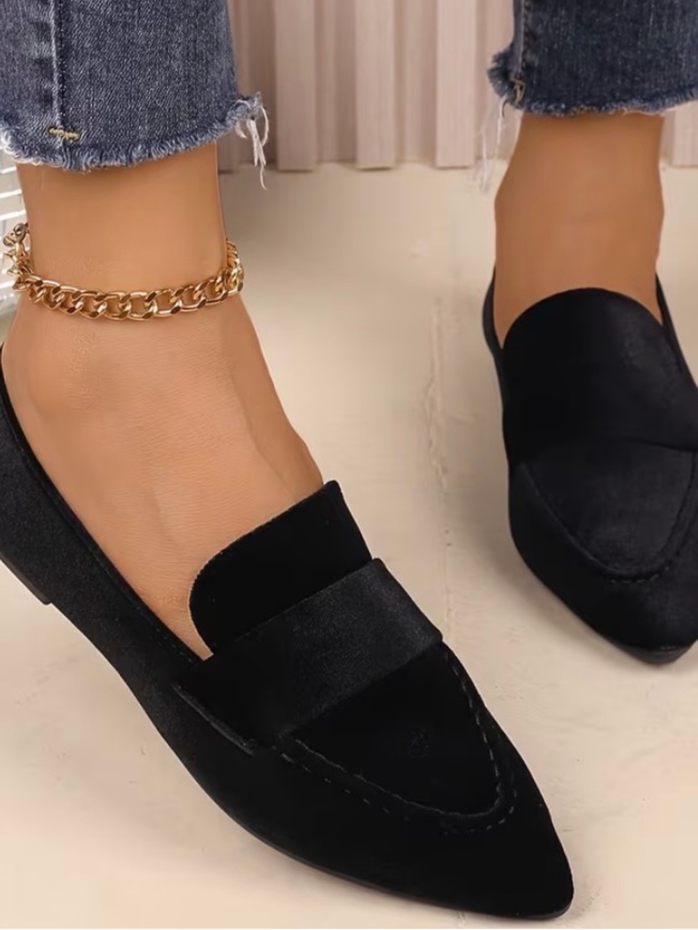 Black Pointed Toe Velvet Loafers - Women